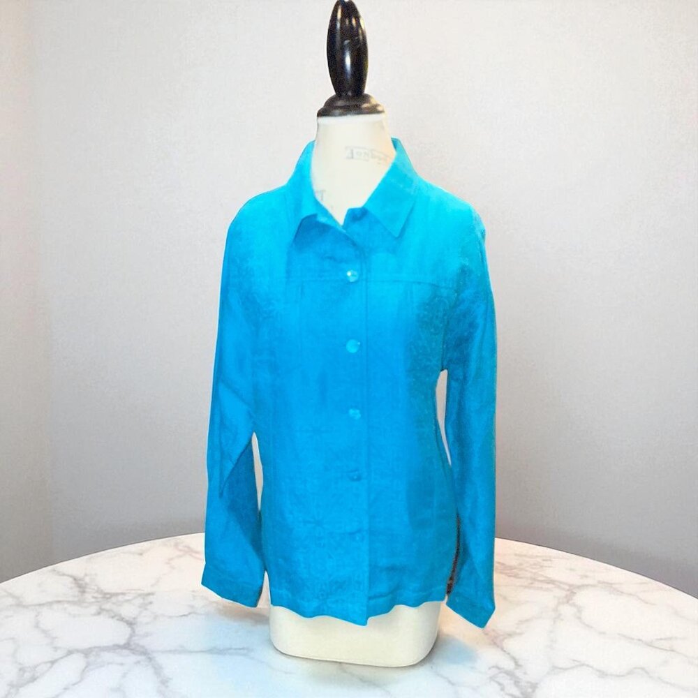 QVC Dialogue Teal Blue Damask Jacquard Long Sleeve 2-Pocket Collared Shirt L